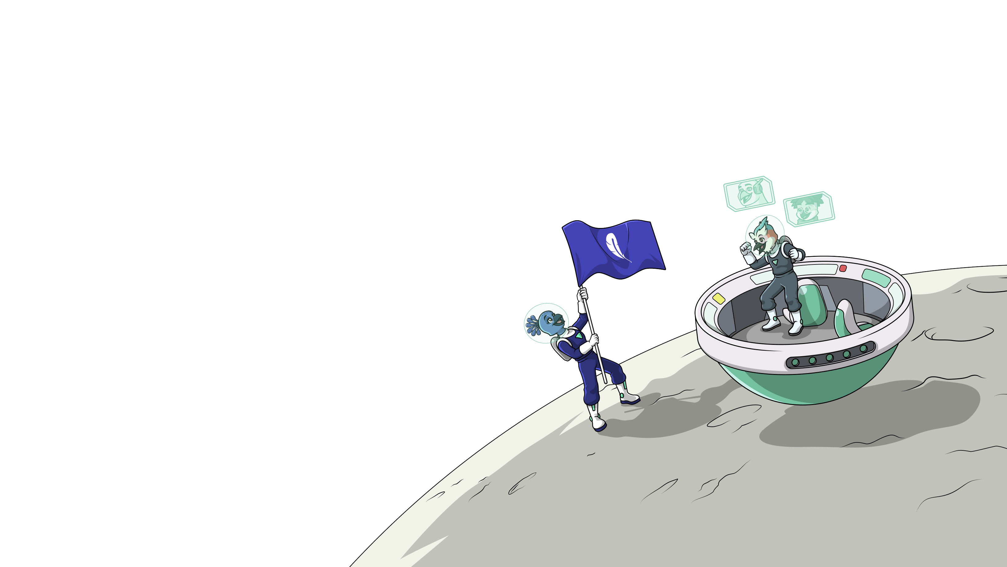 Illustration of a cheerful astronaut bird waving a flag on the moon, while a second astronaut bird stands in a small saucer with holographic screens