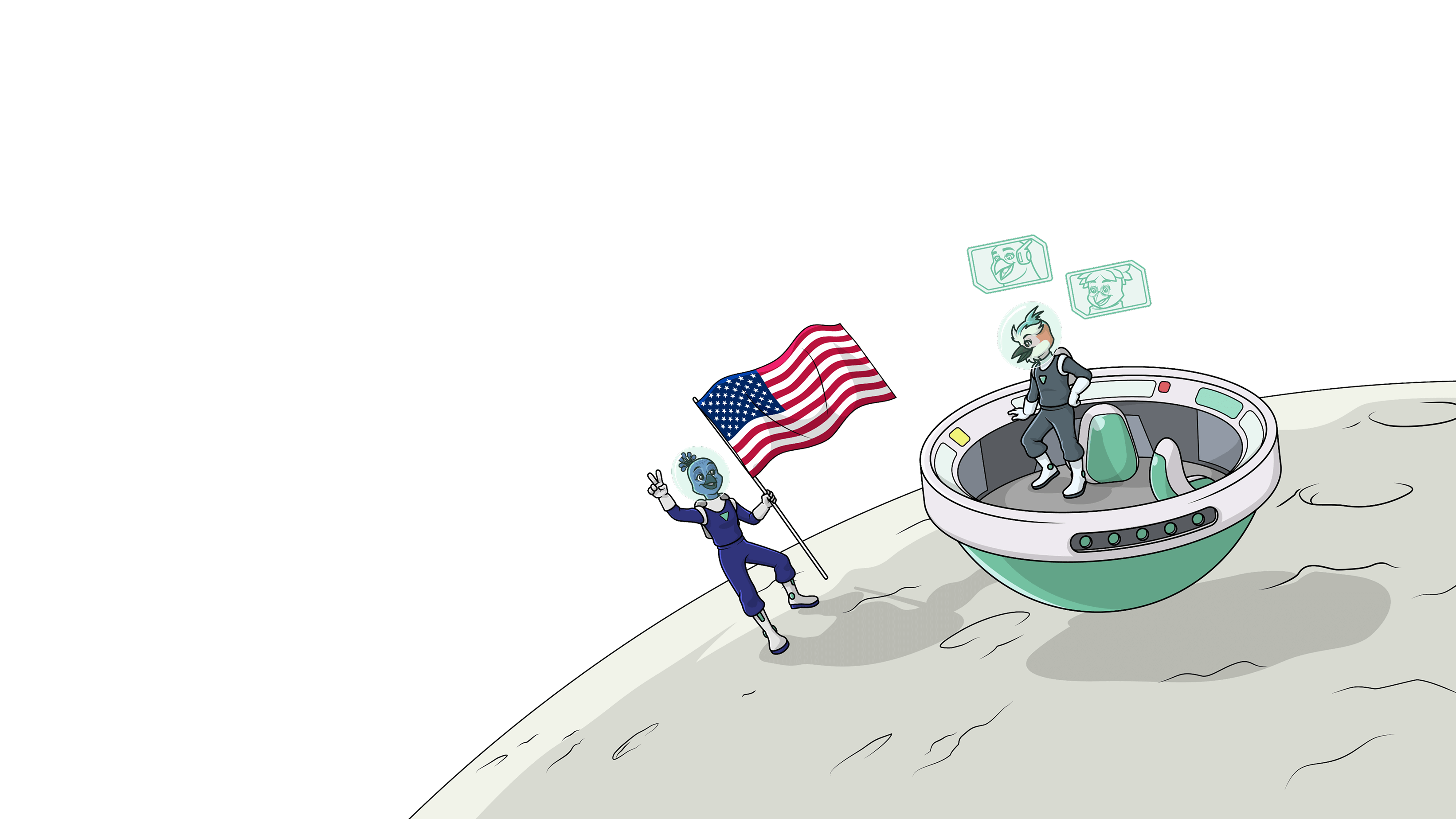 Illustration of a cheerful astronaut bird planting a waving American flag on the moon and flashing a peace sign, while a second astronaut bird stands in a small saucer with holographic screens