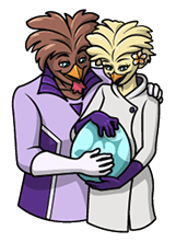 Two birds cradling an egg